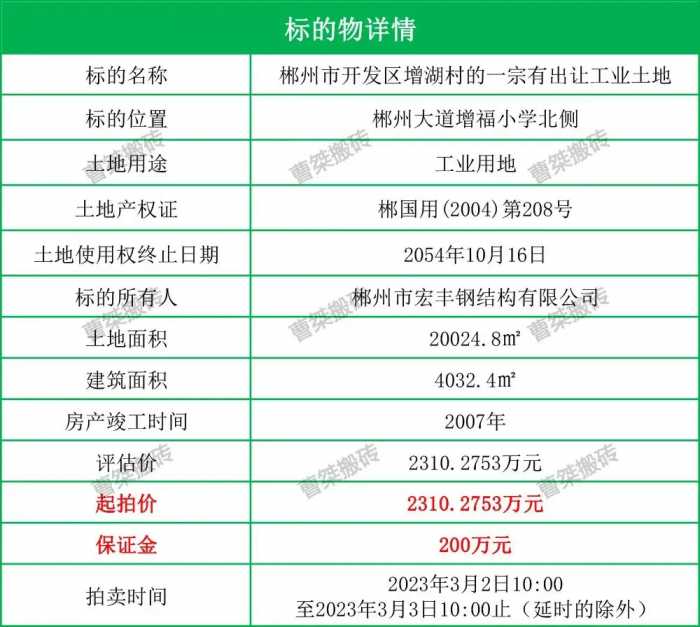 2310万！郴州大道工业用地及建筑物拍卖